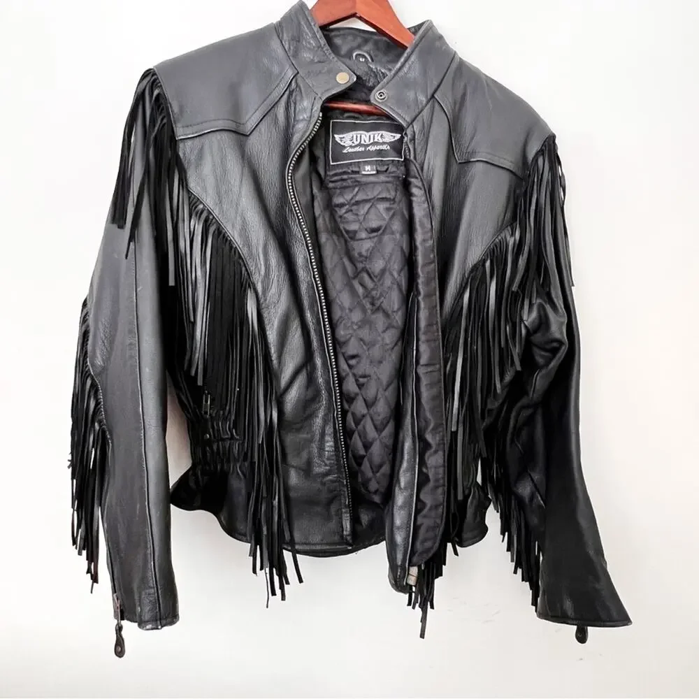 Unik Vintage Biker 80’s Fringe Leather Jacket Black Size M removable liner - Picture 3 of 13